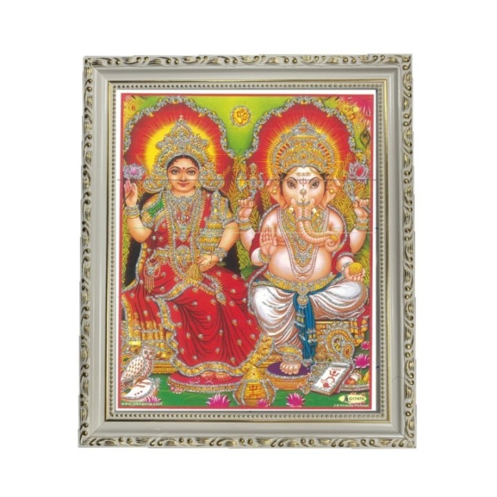 Satvik Goddess Lakshmi and Lord Ganesha, Designer Wooden Photo Frame