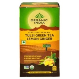 Organic India Tulsi Green Tea Lemon Ginger 25N Infusion Bags- Stress