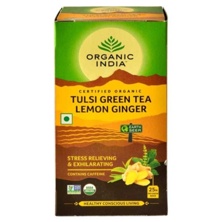 Organic India Tulsi Green Tea Lemon Ginger 25N Infusion Bags- Stress
