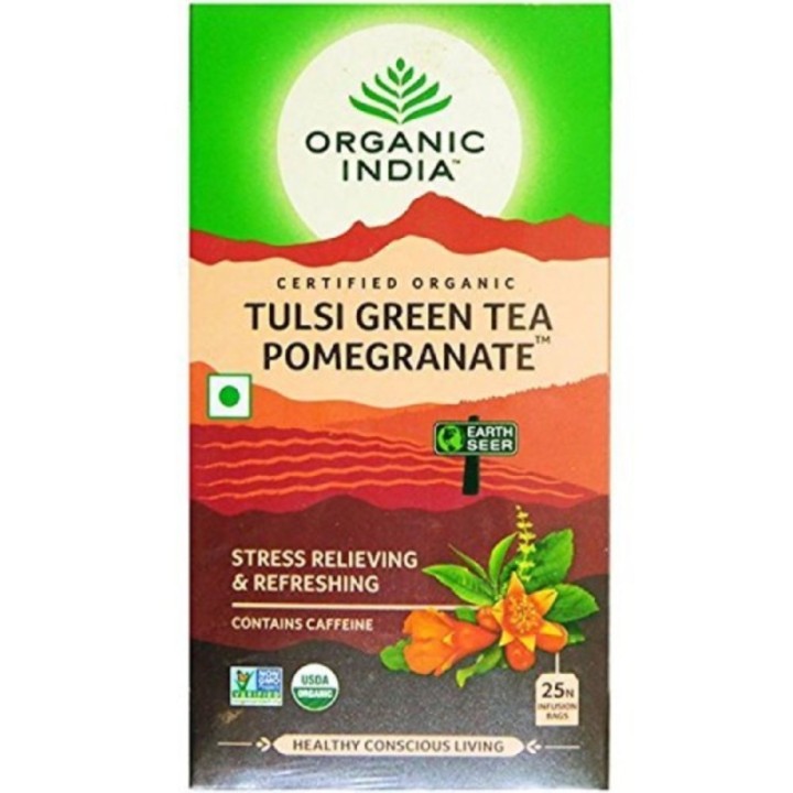 Organic India Tulsi Green Tea Pomegranate 25N Infusion Bags- Stress