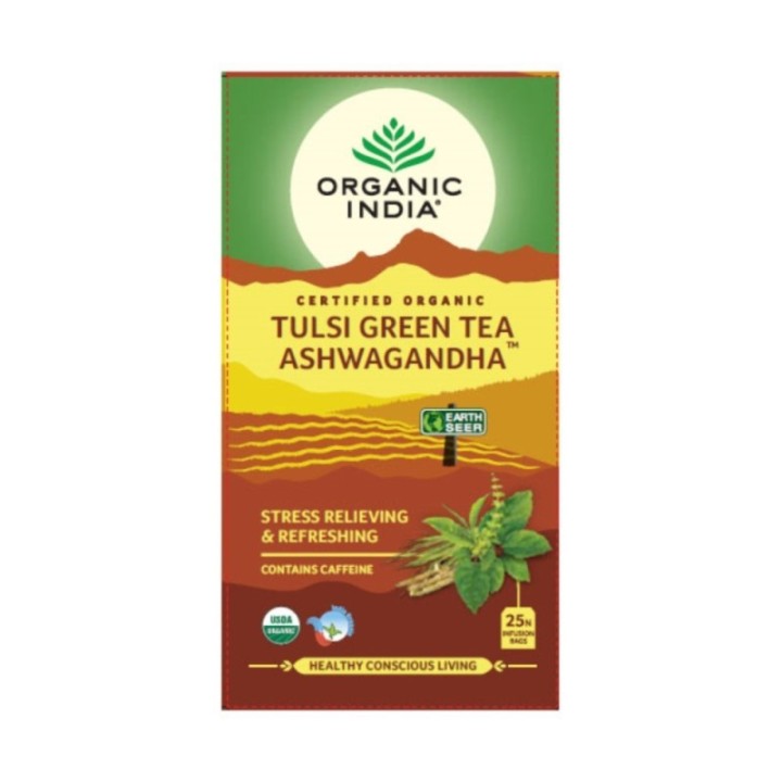Organic India Tulsi Green Tea Ashwagandha 25N Infusion Bags- Stress