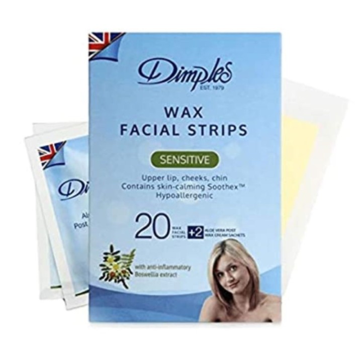 Dimples Facial Wax Strips, 20 Wax Strips, for Upper Lip, Cheeks, Chin