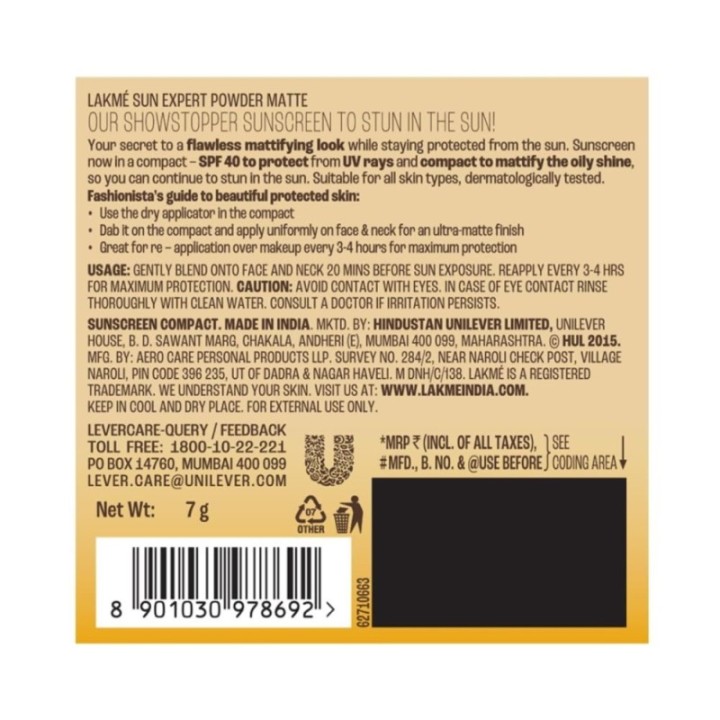 Lakmé Sun Expert Ultra Matte SPF 40 PA+++ Compact, Non Greasy Non