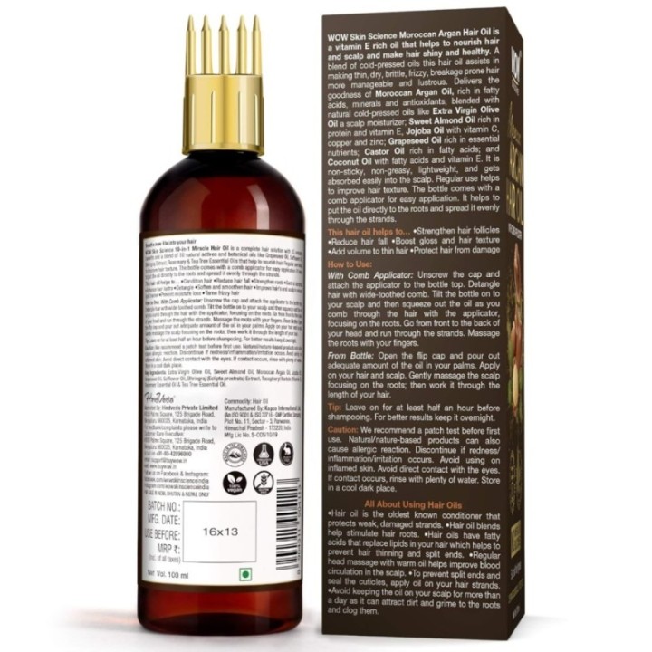Wow Skin Science Moroccan Argan Hair Oil with Comb Applicator, Pure