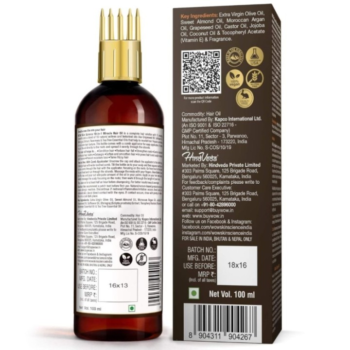 Wow Skin Science Moroccan Argan Hair Oil with Comb Applicator, Pure