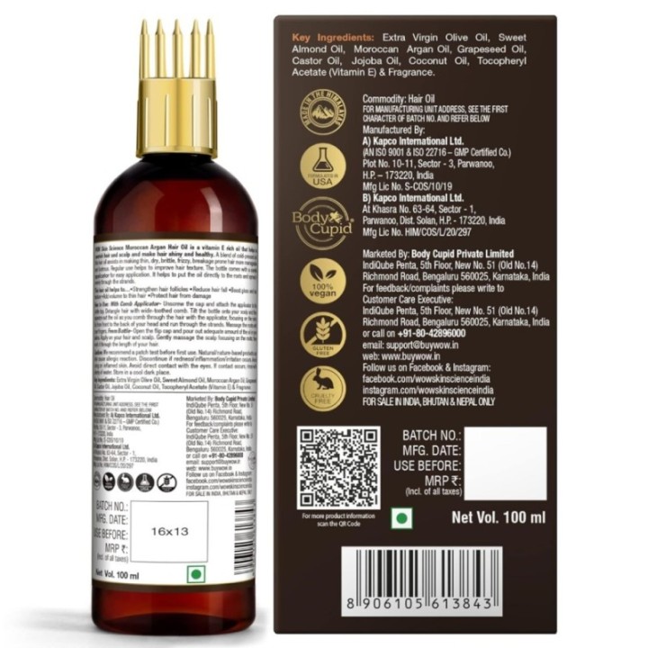 Wow Skin Science Moroccan Argan Hair Oil with Comb Applicator, Pure