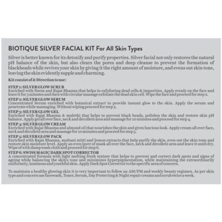 Biotique Silver Facial Kit - Clear Bright Skin, with Swiss Magic Dark