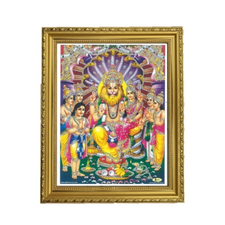 Satvik Narsimha, Laxmi, Swamy Narayn Designer Wooden Golden Photo