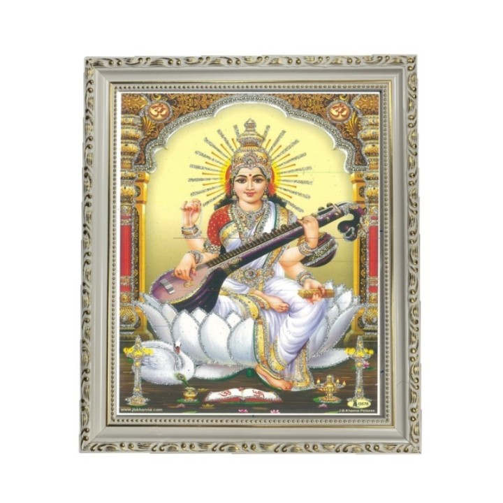 Satvik Goddess Saraswati, Designer Wooden White Photo Frame