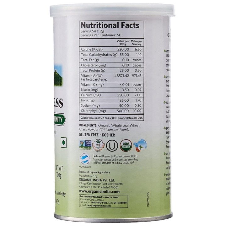 Organic India Wheat Grass Powder Boosts Energy & Builds Immunity 100g