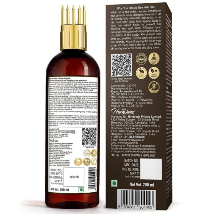 Wow Skin Science Bhringraj Hair Oil - with Comb Applicator - for All