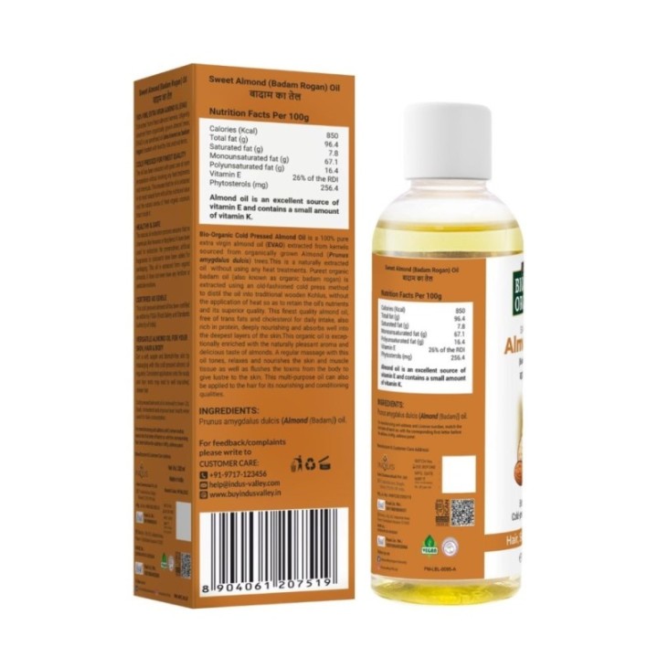 Indus Valley Bio Organic Cold Pressed Sweet Almond Oil 200ml