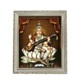 Satvik Goddess Saraswati, Designer White Photo Frame for Pooja