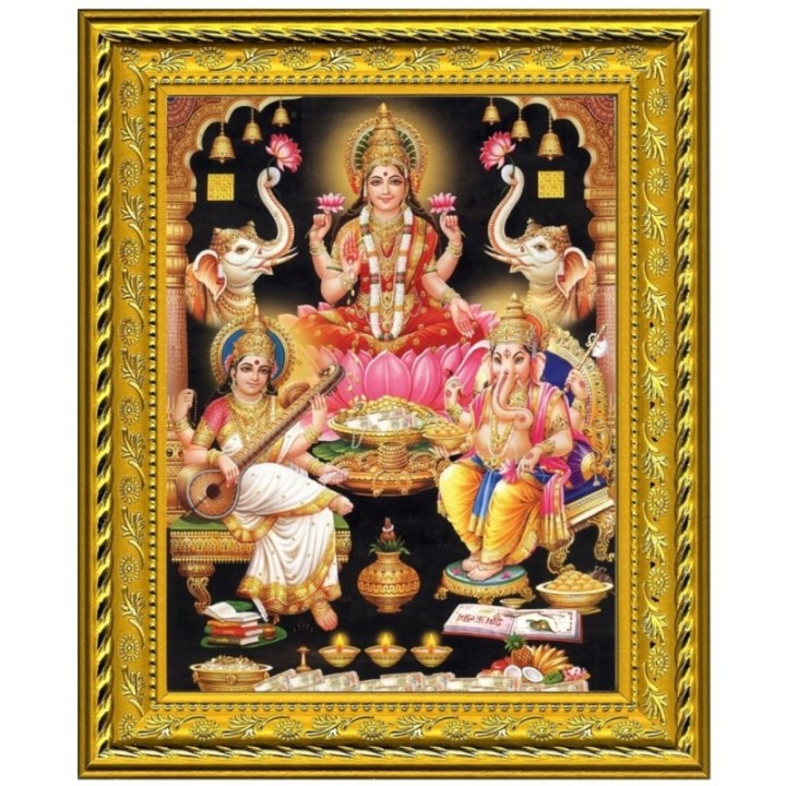 Goddess Maha Lakshmi, Ma Saraswati and Lord Ganesha Designer Golden
