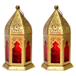 Golden Moroccan-Style Decorative Lantern with Red Glass – Diwali