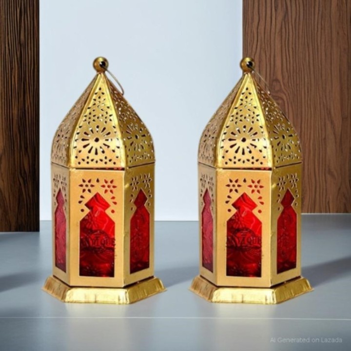 Golden Moroccan-Style Decorative Lantern with Red Glass – Diwali