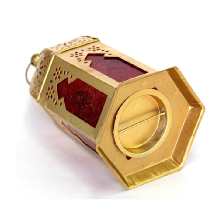 Golden Moroccan-Style Decorative Lantern with Red Glass – Diwali