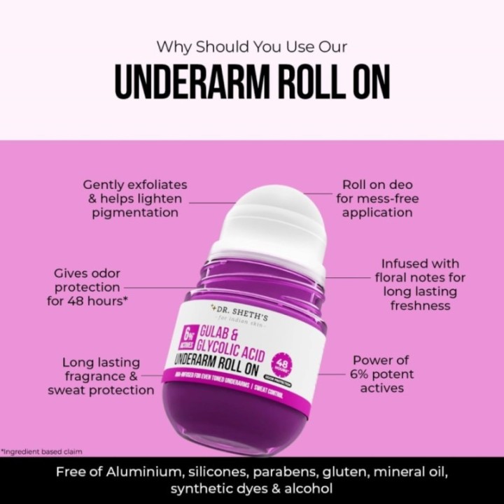 Dr. Sheth's Gulab & Glycolic Acid Underarm Roll-on6% Actives48-Hours