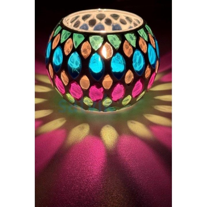 Satvik Geometric Mosaic Glass Candleholder with Colorful Mosaic Design