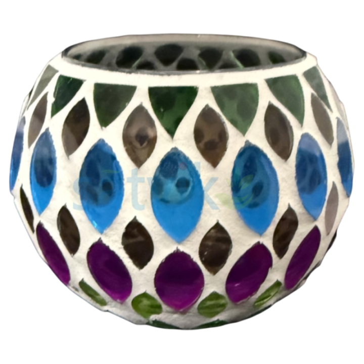 Satvik Geometric Mosaic Glass Candleholder with Colorful Mosaic Design