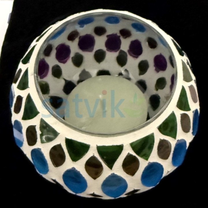 Satvik Geometric Mosaic Glass Candleholder with Colorful Mosaic Design