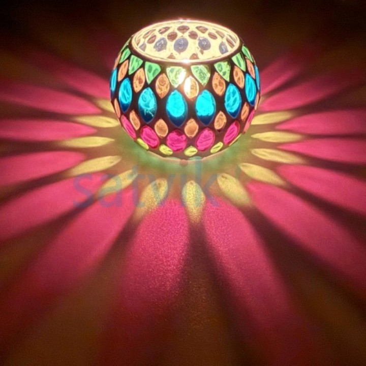 Satvik Geometric Mosaic Glass Candleholder with Colorful Mosaic