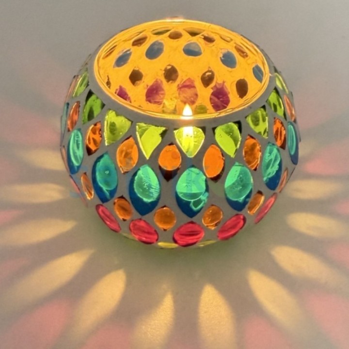 Satvik Geometric Mosaic Glass Candleholder with Colorful Mosaic
