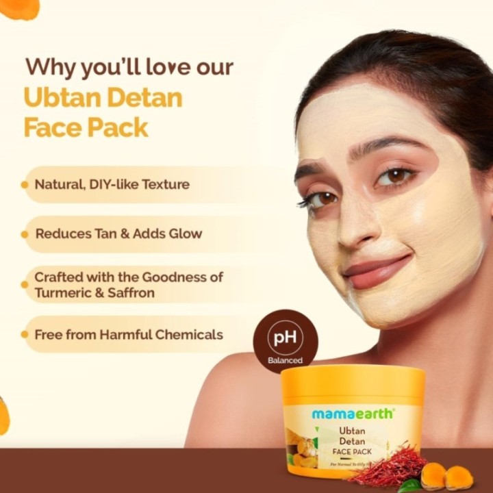 Mamaearth Ubtan Detan Face Pack with Turmeric & Saffron for Normal