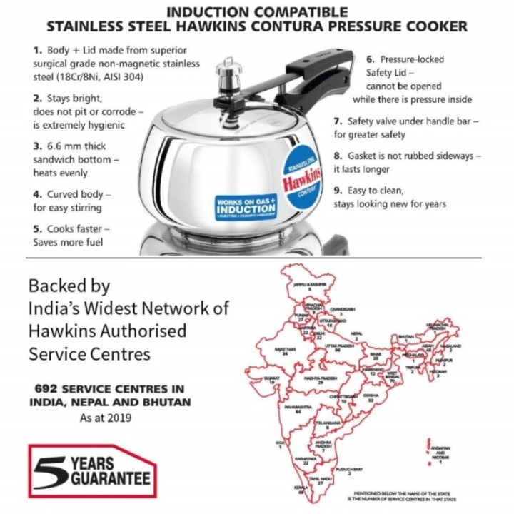 Hawkins Stainless Steel Contura Inner Lid Pressure Cooker Induction