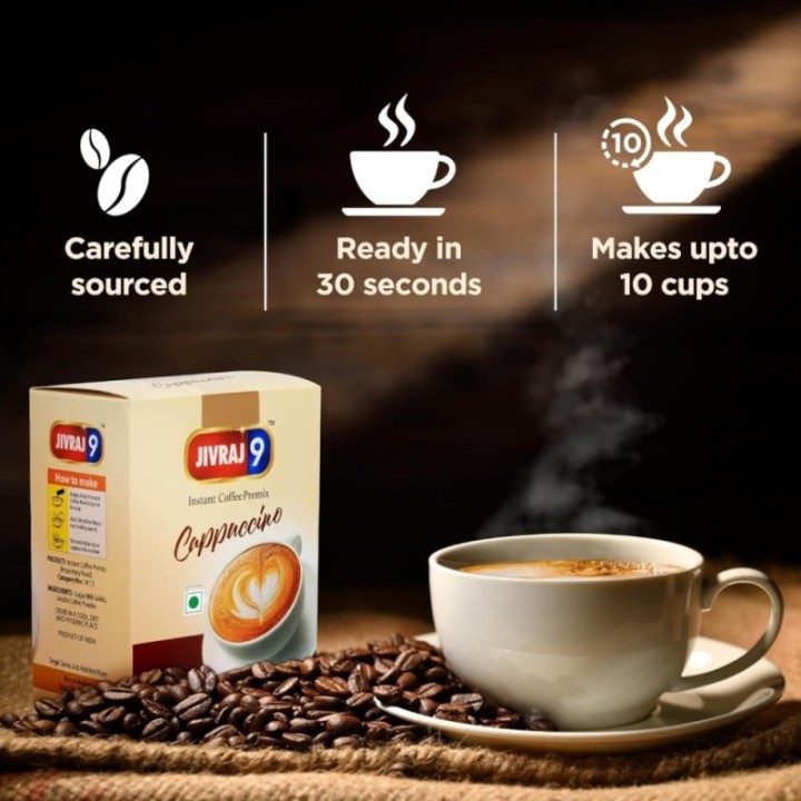 Jivraj 9 Instant Coffee Premix, Cappuccino Flavour, 10 Sachets, Pack