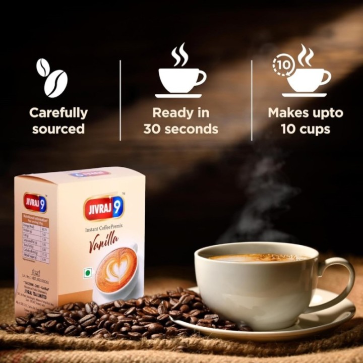 Jivraj 9 Instant Coffee Premix, Vanilla Flavour, 10 Sachets, Pack